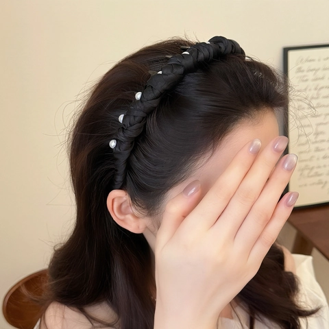 Eleganter Satin Gevlochten Künstliche Perlen Stirnband Mit Rutschfestem Zahnkamm High-Skull Top Haarreif Für Damen Haarschmuck