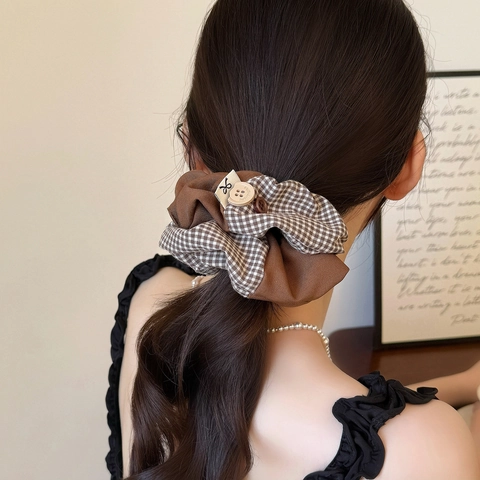Scrunchies Patchwork a Quadri Con Bottone Retrò Stile Preppy Elastici in Tessuto per Donna Accessori Quotidiani