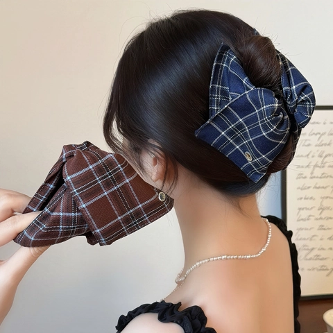 Pinza para el Pelo con Lazo de Cuadros Vintage Estilo Coreano Azul Marino Café Pinza Tiburón Elegante para Mujer Cabello