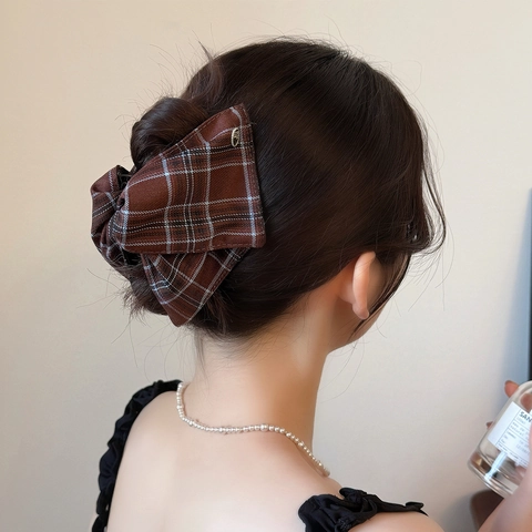 Pinza para el Pelo con Lazo de Cuadros Vintage Estilo Coreano Azul Marino Café Pinza Tiburón Elegante para Mujer Cabello