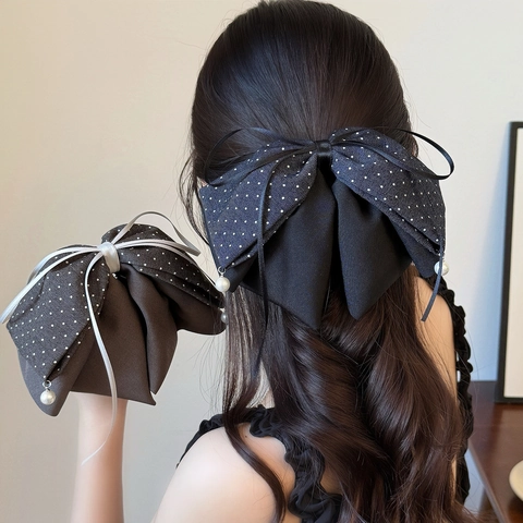 Fermaglio per Capelli Francese Vintage a Pois Con Fiocco Elegante Pendente di Perla Artificial Grande Pinza per Coda di Cavallo Dolce Accessori Donna