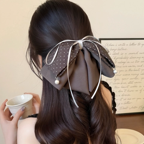 Fermaglio per Capelli Francese Vintage a Pois Con Fiocco Elegante Pendente di Perla Artificial Grande Pinza per Coda di Cavallo Dolce Accessori Donna