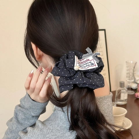 Elastici Per Capelli Vintage in Tessuto a Pois Con Fiocco e Künstliche Perle Decorative Elastici Fatti a Mano Accessori Per Capelli Donna