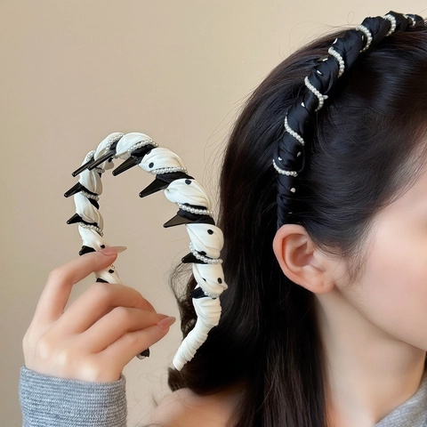Elegant Satin Twist Headband With Artificial Pearls Polka Dot Pleated High Top Hairband Non-Slip Handmade Hair Accessories