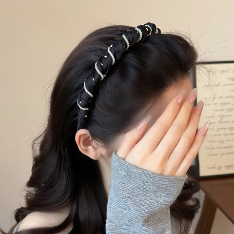 Elegant Satin Twist Headband With Artificial Pearls Polka Dot Pleated High Top Hairband Non-Slip Handmade Hair Accessories