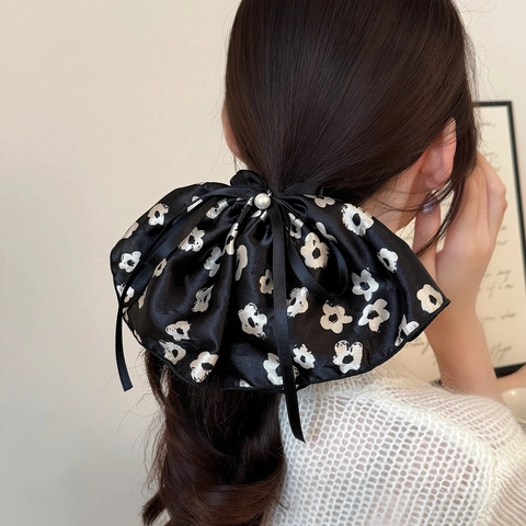 Scrunchie a Fiocco Floreale Vintage Con Perla Artificial Grande Elastico in Raso Elegante Nastro Porta Coda per Donna