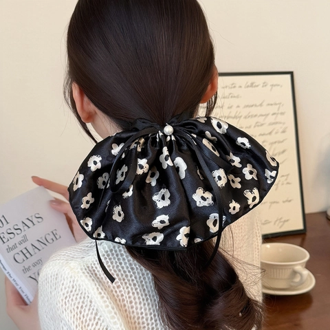 Scrunchie a Fiocco Floreale Vintage Con Perla Artificial Grande Elastico in Raso Elegante Nastro Porta Coda per Donna