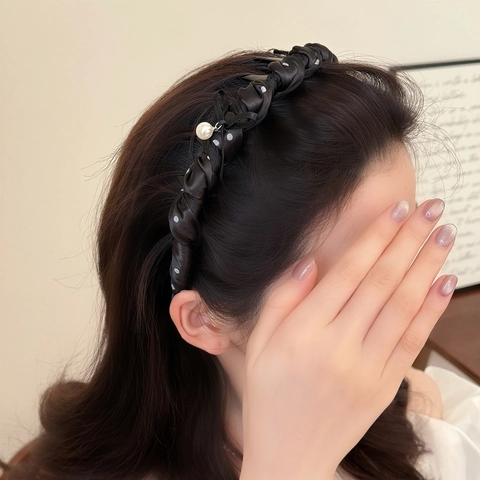 Elegante Cerchietto in Satin a Pois Con Fiocco e Perla Artificiale Stile Coreano Fascia Antiscivolo per Capelli Donna Accessori