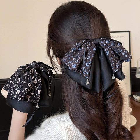 Vintage Floral Bow Hair Claw Clip Large Satin Cloth Ponytail Holder Elegant Shark Clip For Women Daily Dating Hair Jewelry