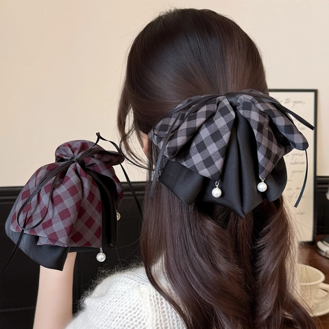Pinza para el Pelo Vintage a Cuadros con Doble Lazo y Colgante de Perla Artificial Cinta de Satén para Mujer Joyería