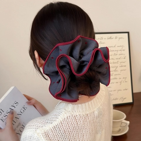 Scrunchie in Tessuto Vintage a Pois con Cuori Bordo Taglia-cuci a Contrasto Elastico per Capelli Donna Accessori Capelli