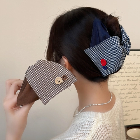 Pinza para el Cabello de Tela a Cuadros Retro Color de Contraste Lazo para Mujer Elegante Hecho a Mano Botón Accesorios para el Cabello