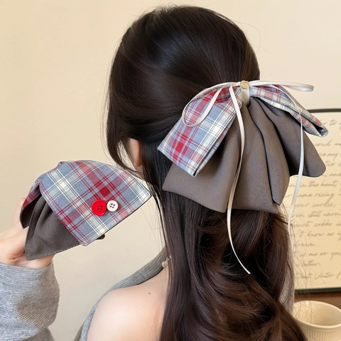 Dolce Fermaglio per Capelli Coreano in Tessuto a Quadri Grande Fiocco Coda di Cavallo per Donna Bottoni a Griglia Accessori per Capelli