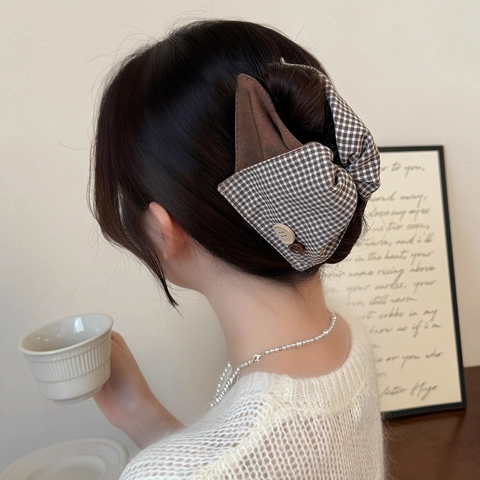 Pinza para el Cabello de Tela a Cuadros Retro Color de Contraste Lazo para Mujer Elegante Hecho a Mano Botón Accesorios para el Cabello