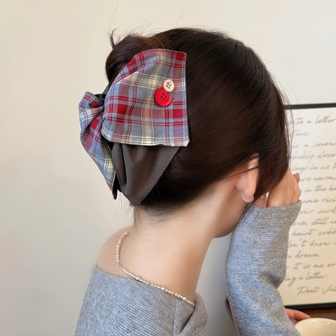 Dolce Fermaglio per Capelli Coreano in Tessuto a Quadri Grande Fiocco Coda di Cavallo per Donna Bottoni a Griglia Accessori per Capelli