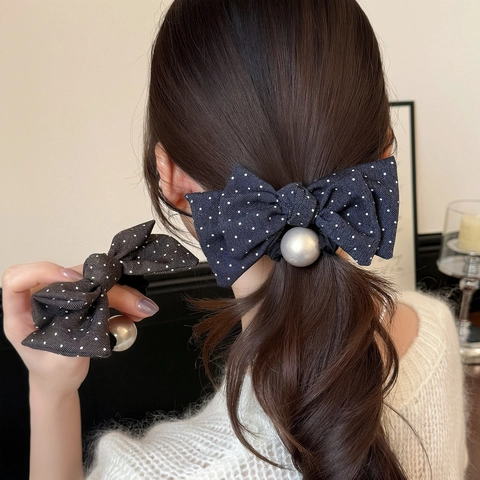 Elastico per Capelli con Fiocco a Pois e Perla Artificiale Elegante Plissettato Fatto a Mano in Tessuto per Coda di Cavallo Donna