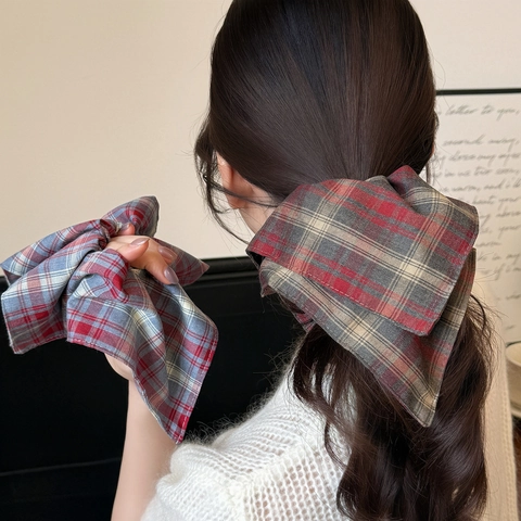 Retro Plaid Fabric Scrunchies Oversized Hair Ties Coffee Blue Plaid Preppy Style Elastic Hair Bands For Women Girls