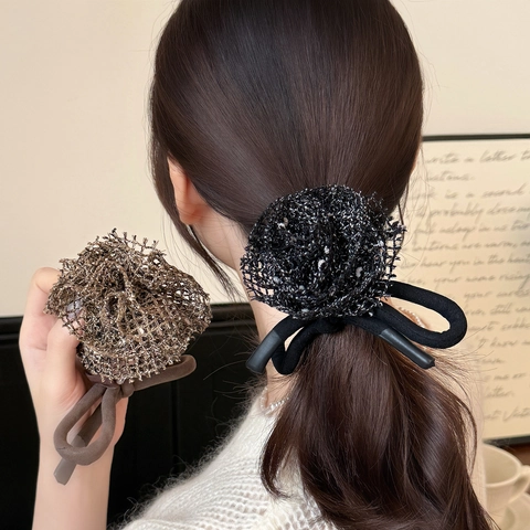 French Romantic Knitted Hollow Rose Flower Bow Hair Tie Elastic Scrunchie For Women Sweet Floral Hair Ring Accessory