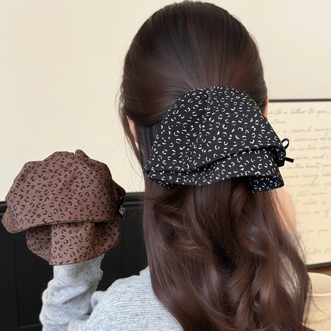 Retro Luipaardprint Stoffen Strik Haarklem Voor Dames Elegante Geplooide Chiffon Haarklem Met Strass Hanger Haaraccessoires