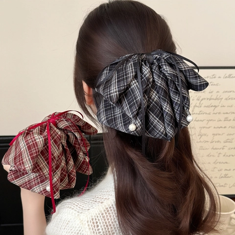 Fermaglio per Capelli a Fiocco a Quadretti Vintage per Donna Preppy Grande Artiglio per Capelli in Tessuto con Künstliche Perle