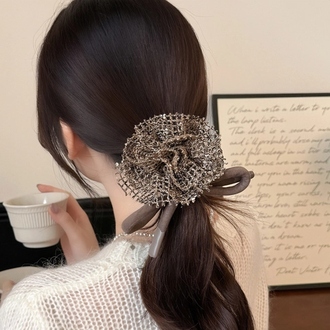 French Romantic Knitted Hollow Rose Flower Bow Hair Tie Elastic Scrunchie For Women Sweet Floral Hair Ring Accessory