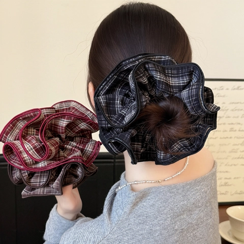 Elastico per Capelli Vintage a Quadri Quattro Strati Volant Grande Elastico in Tessuto Stile Coreano Accessori per Capelli