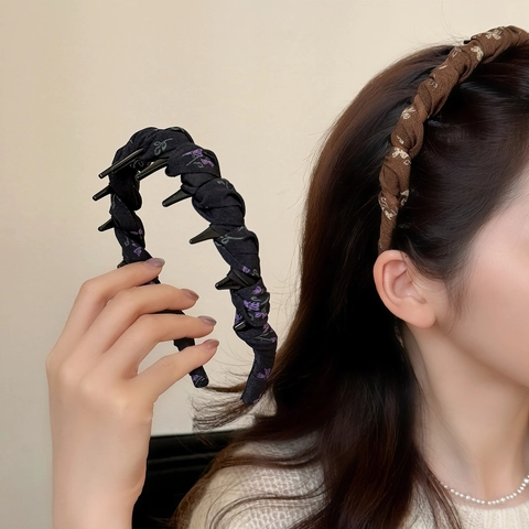Cerchietto Avvolto in Tessuto con Stampa Floreale con Pettine Antiscivolo Elegante Fascia Plissettata Accessori per Capelli