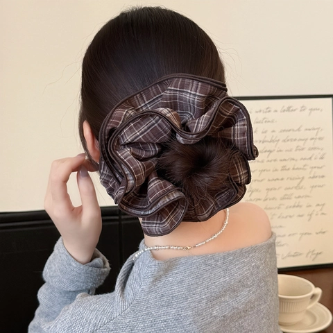 Elastico per Capelli Vintage a Quadri Quattro Strati Volant Grande Elastico in Tessuto Stile Coreano Accessori per Capelli