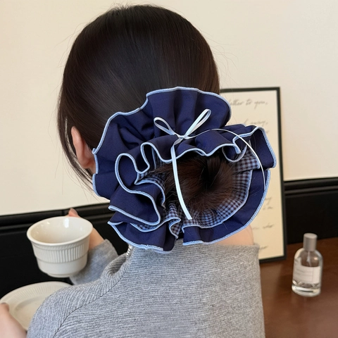 Coletero Grande a Cuadros Azules Con Lazo de Cinta Elástico de Tela Accesorios Para el Cabello Estilo Coreano Mujer
