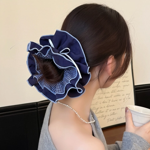 Coletero Grande a Cuadros Azules Con Lazo de Cinta Elástico de Tela Accesorios Para el Cabello Estilo Coreano Mujer