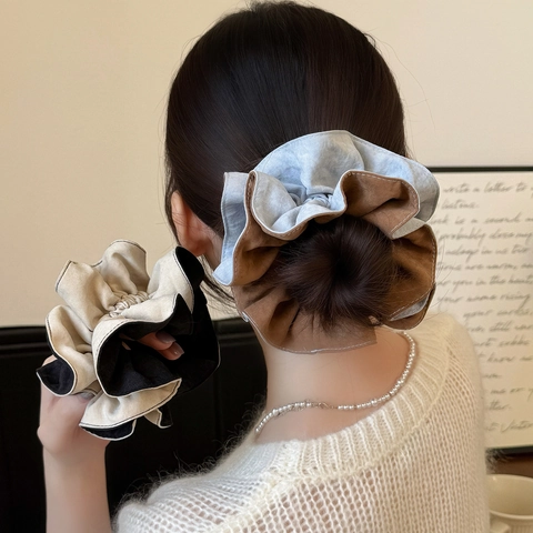 Oversized Contrast Color Block Scrunchies Faux Suede Pleated Elastic Hair Ties French Vintage Hair Bands For Women Daily