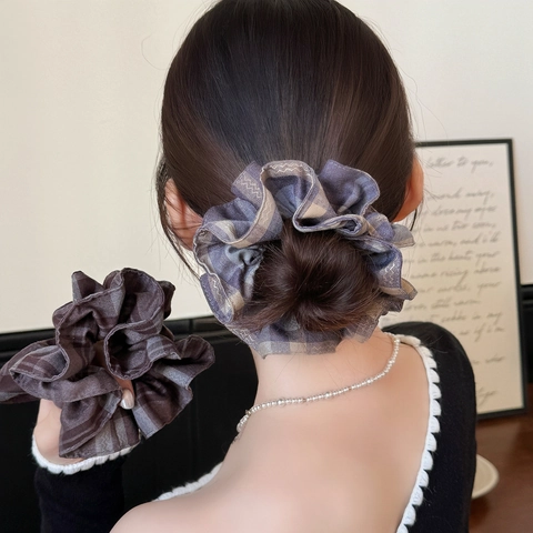 Scrunchie per Capelli Oversize Scozzese Vintage per Donna Stile Coreano Pieghettato in Tessuto Elastico per Coda di Cavallo