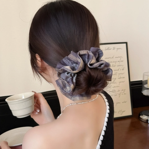 Scrunchie per Capelli Oversize Scozzese Vintage per Donna Stile Coreano Pieghettato in Tessuto Elastico per Coda di Cavallo