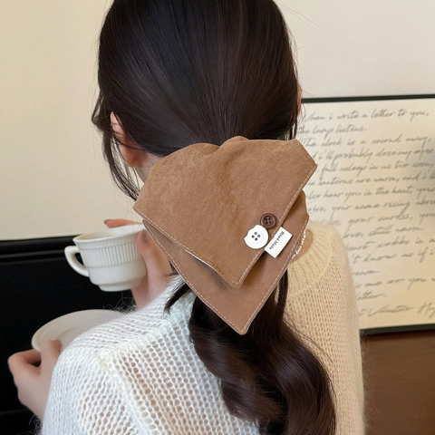 Vintage Faux Suede Scrunchie Handmade Button Decor Hair Tie Solid Color Pleated Elastic Hair Ring For Women Accessory