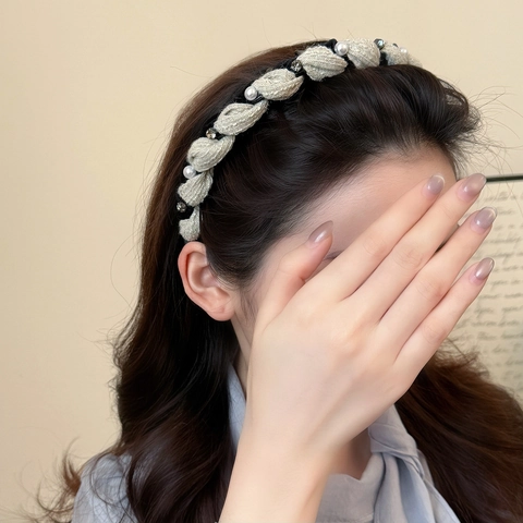 Elegant French Style Twisted Braid Headband Fabric Rhinestone Faux Artificial Pearl Contrast Color Non Slip Hair Band Accessories Women