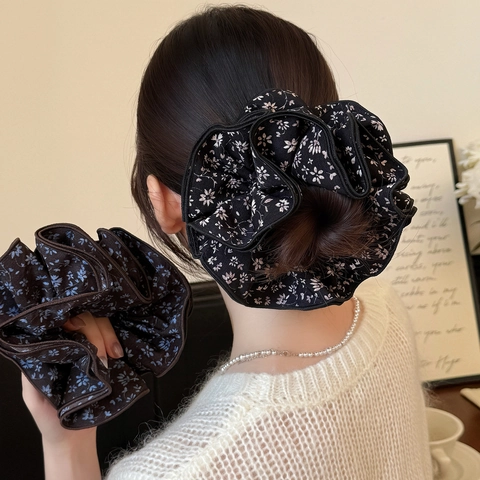Coletero Scrunchie Extragrande Floral Vintage Estilo Coreano Liga para el Cabello de Tela para Mujer Anillo de Cabello Plegado