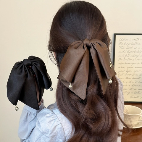 Fermaglio per Capelli a Fiocco in Raso Stile Coreano Con Logo H in Metallo e Perla Artificiale Ciondolo Donna