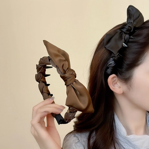 Elegant Satin Bow Headband For Women French Style Pleated Anti-Slip Hair Hoop Solid Color Vintage Hair Accessories