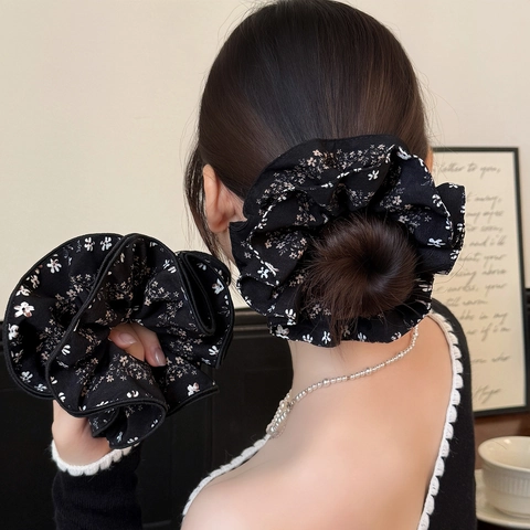 Coletero Negro Floral Vintage para Mujer Grande Tela Elástico Alta Elasticidad Accesorios para el Cabello Moda Coreana