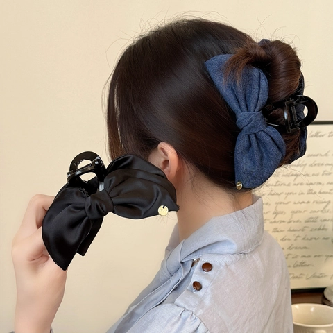 Molla per Capelli in Satin Denim Vintage con Fiocco Elegante Grande Fermaglio per Capelli Donna Accessori Capelli Coreani