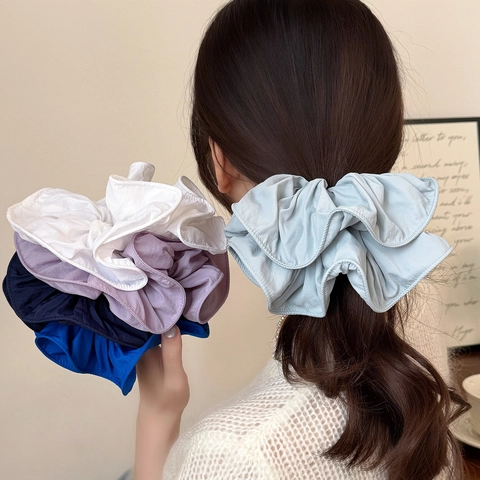 Elegante Coletero Grande Plisado Tela Volantes Lazo Para Cabello Color Sólido Banda Elástica Para Mujer Soporte De Coleta