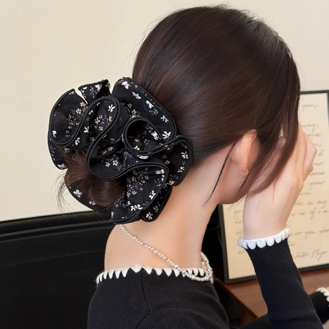 Coletero Negro Floral Vintage para Mujer Grande Tela Elástico Alta Elasticidad Accesorios para el Cabello Moda Coreana
