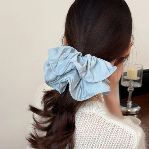 Elegante Coletero Grande Plisado Tela Volantes Lazo Para Cabello Color Sólido Banda Elástica Para Mujer Soporte De Coleta