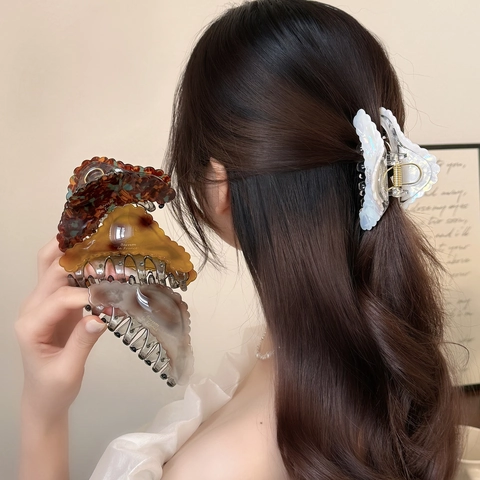 Pinza de Pelo de Acetato Estilo Francés Borde Ondulado Irisado Mármol Carey Para Mujer Elegantes Accesorios Para El Cabello