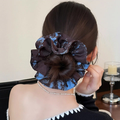 Coletero de Tela con Flores Vintage Retro Azul Estampado Abstracto Grande Lazo para el Pelo Banda Elástica para Mujer