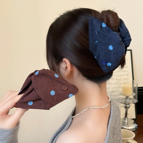 Pinza para el Pelo para Mujer Estilo Coreano de Tela a Lunares con Lazo Elegante Grande Azul Marino Café Accesorios