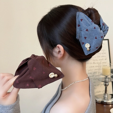 Korean Sweet Heart Polka Dot Fabric Bow Hair Claw Clip With Handmade Button Artificial Pearl Decor Hair Accessory For Women