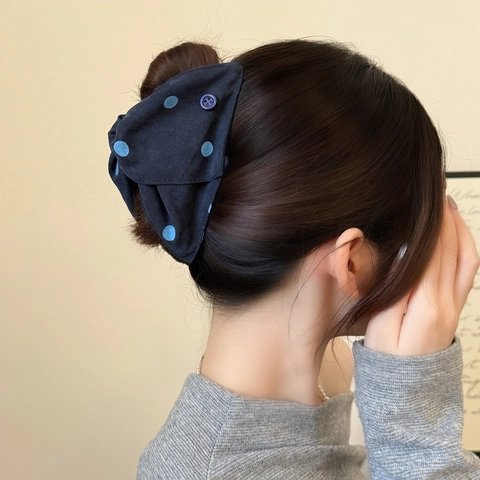 Pince à Cheveux Femme Style Coréen en Tissu à Pois Nœud Papillon Élégante Grande Bleu Marine Café Accessoires