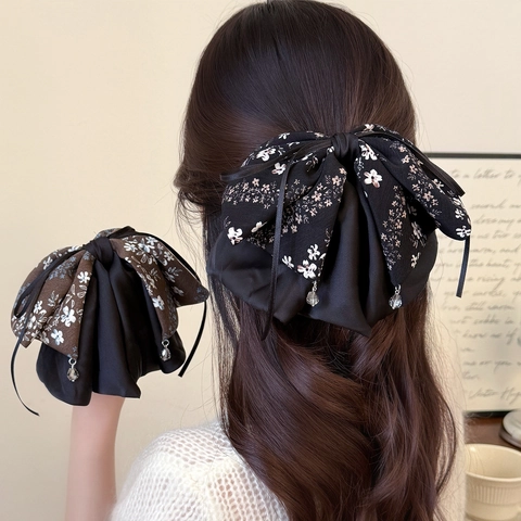 Fermaglio per Capelli Vintage a Fiocco con Pendente in Strass Stile Coreano Grande in Raso e Chiffon per Donna