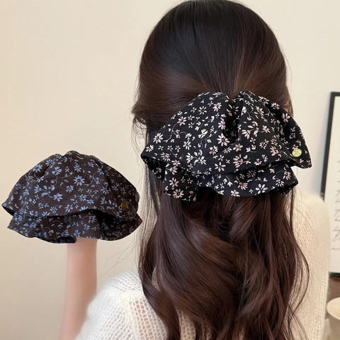 Retro Fabric Floral Ponytail Hair Clip Bow Style Pleated Hair Claw Handmade Fresh Sweet Hairpin Accessories For Women